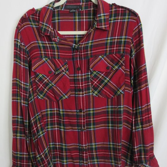Sanctuary Red Plaid Button-Up Boyfriend Long Sleeve Snap Shirt Size Medium - Picture 3 of 7
